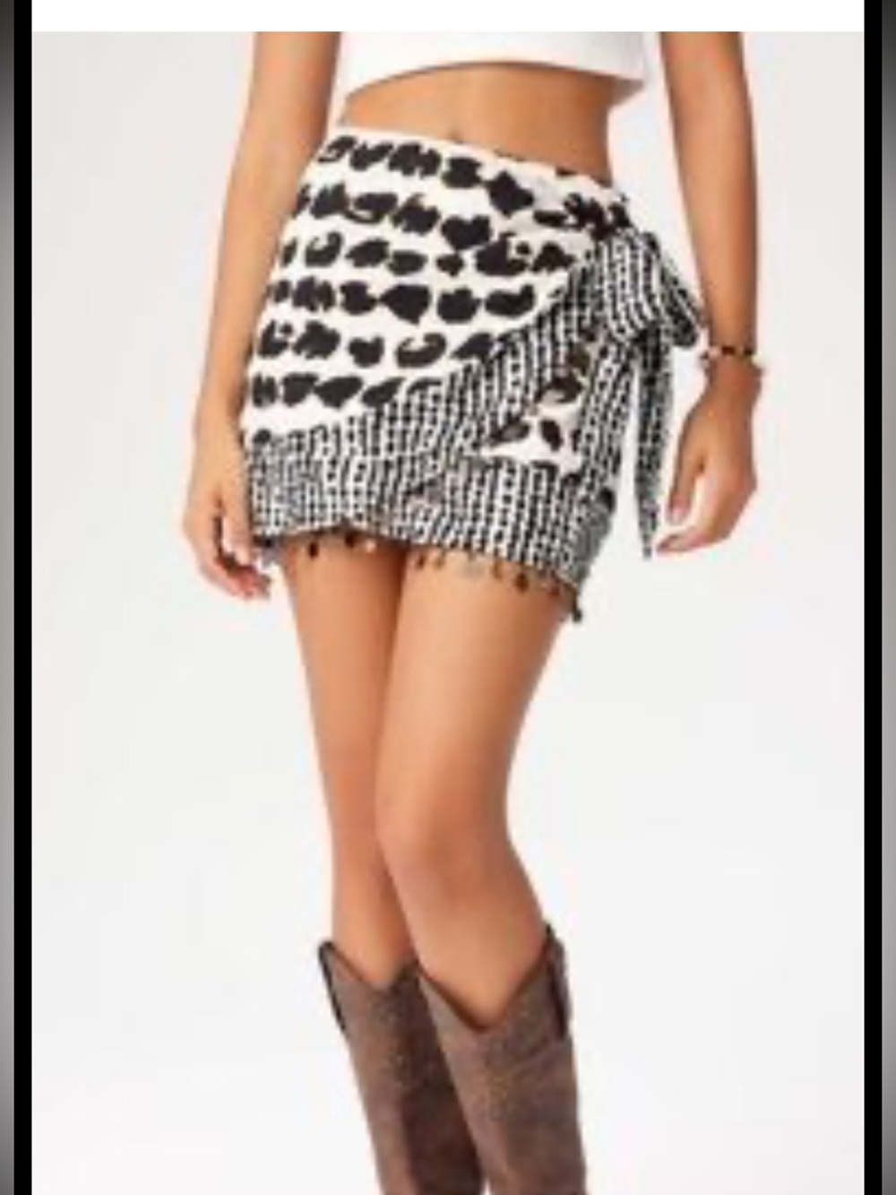 Cider Black and White Animal Printed Beaded Wrap Mini Skirt with Tie, XL